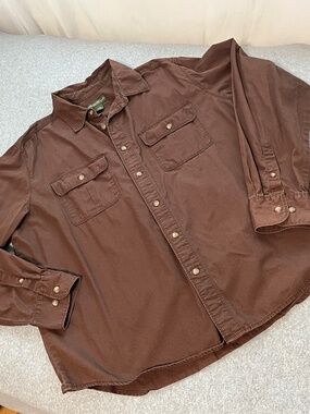 Mens Eddie Bauer Brown Button Shirts XXL Cotton Longsleeve Casual